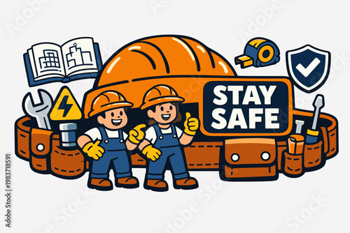 Helmet Safety Stories flat vector digital illustration, doodle flat, thick outline, expressive characters, simple shapes, playful proportions, exaggerated