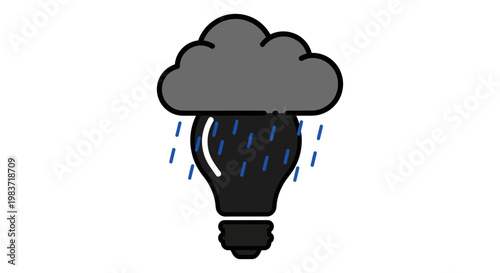 dark cloud raining into a black lightbulb an illustration of a creative block and lack of inspiration for problem-solving.
