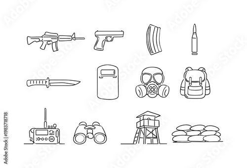 Battlefield Equipment. Minimalistic set one-line drawing assault rifle, pistol, ammunition clip, bullet, combat knife, shield, gas mask, army backpack, field