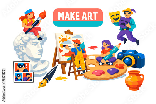 Creative Art Styles artists working around an oversized paint palette and easel across the full canvas, three stylized human characters interacting with giant