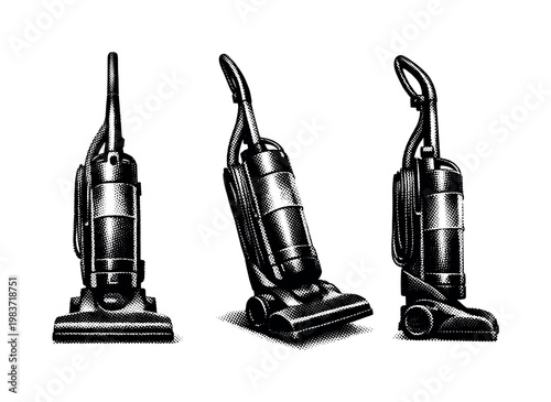 Upright vacuum cleaner, a realistic upright vacuum cleaner displayed standing straight, tilted backward, and side view as three object views emphasizing handle