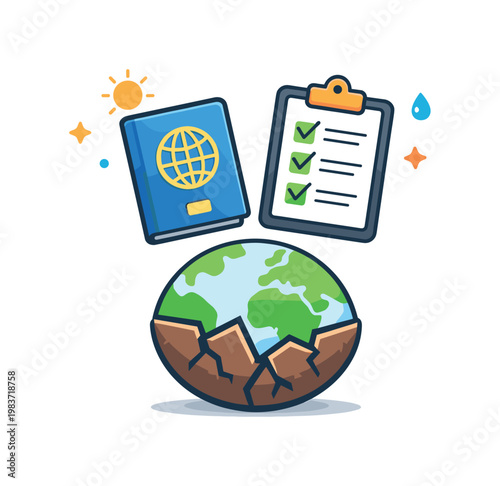 Climate migration paperwork visualized by a passport and checklist floating above a cracked earth icon, symbolizing legal processes tied to environmental