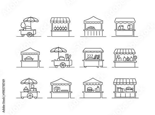 Festival and Fairground Food Booths. Minimalistic set one-line drawing [cotton candy cart, caramel apple stand, funnel cake stall, lemonade booth, nachos