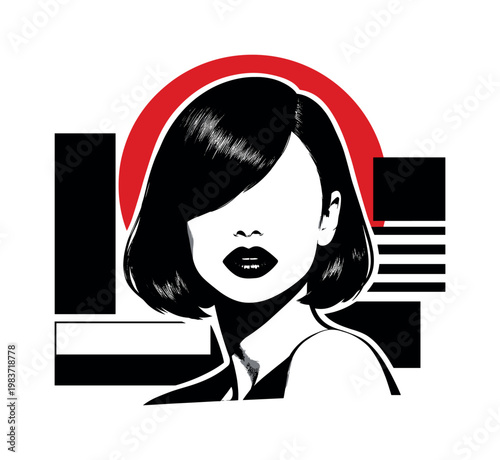 Black and white pop-art inspired female beauty portrait with smooth skin and bold makeup contrast, anonymous identity, oversized red circle behind the head as