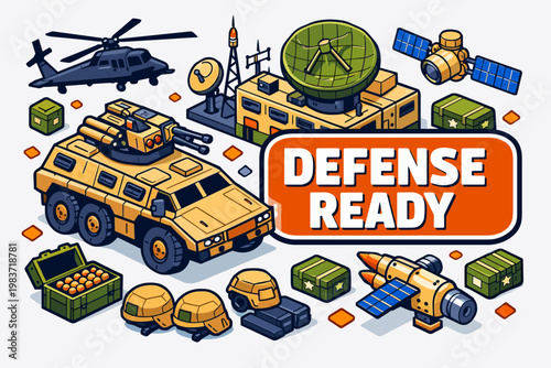 Military Defense Equipment Military Defense Equipment clean focused isometric composition with oversized armored vehicle and radar station beside helicopter