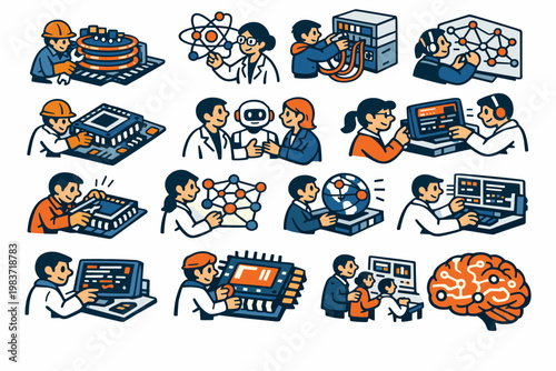 Quantum Computing Stories flat vector digital illustration, doodle flat, thick outline, expressive characters, simple shapes, playful proportions, exaggerated