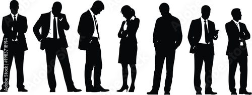 Business silhouettes, corporate attire figures, professional icons, formal posture art, workplace illustration design, office stance concept