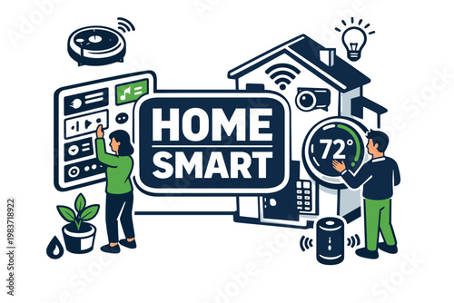 Smart Home Stories Smart Home Stories collection of digital illustrations, small readable scenes of people using home automation apps, unlocking smart doors,