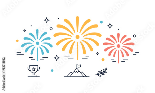 Fireworks of success. A minimal night-sky composition with soft, rounded fireworks shapes, celebration without crowds, peaceful victory mood. Minimalist flat