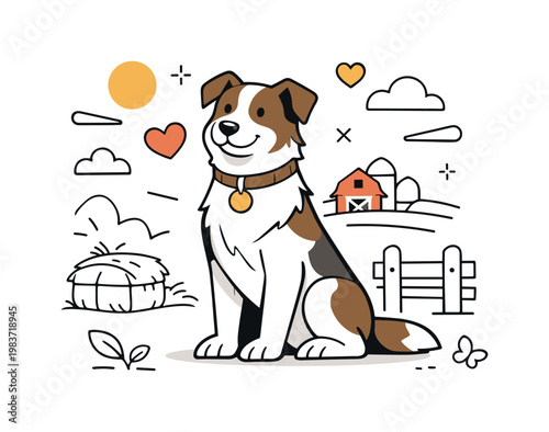 Farm Dog Collar. A sturdy farm dog sitting proudly with a simple collar and tag, calm and loyal posture. Rural warmth with hay, fence lines, and abstract