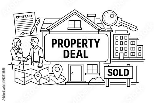Realtor Property Services. Clean outline line art banner scene of a home sale meeting with realtor and buyer, oversized house facade and key as the main