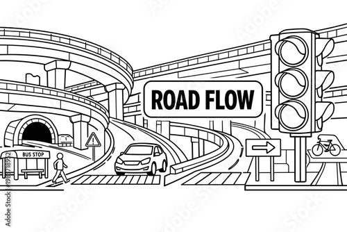 Road Infrastructure System. Clean outline banner scene of urban road infrastructure: car driving through modern interchange across full canvas, oversized