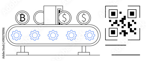 Blockchain technology, cryptocurrency, digital payments, automation, financial systems, QR code integration. Conveyor with Bitcoin and dollar symbols, alongside QR code. Cryptocurrency and blockchain