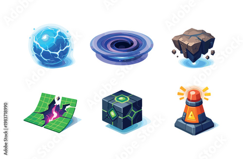 Anomaly. Isometric flat vector icons set of anomaly: glowing energy sphere, spatial distortion ripple, floating rock fragment, broken grid reality tear,