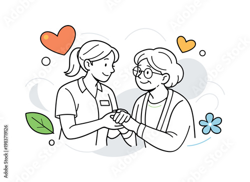 Elderly care and support. Caregiver gently holding an elderly person?s hand, calm smiles and trust. Soft heart icons and rounded shapes express warmth and