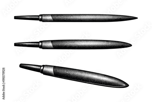 Metal files half-round file shown as the same metalworking file in flat-side view, rounded-side view, and angled perspective view, isolated with realistic