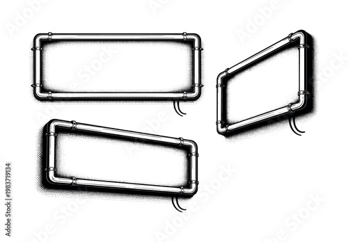 Neon Sign ? realistic rectangular neon sign with straight tubing and corner bends. Black and white dot style with halftone texture and high contrast. Halftone