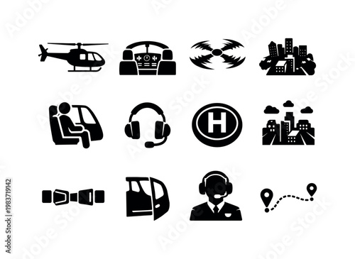 Helicopter Ride. Solid icon set of Helicopter Ride: helicopter side view, helicopter cockpit, spinning rotor blades, aerial city view, passenger inside