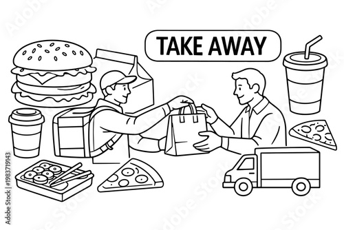 Takeaway Food Delivery. Clean outline banner scene of fast food takeaway service: courier handing food bag to customer across full canvas, oversized burger and