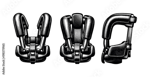 Roller coaster safety restraint A realistic roller coaster over-the-shoulder safety restraint with padded bars and hinge mechanism, displayed in three views