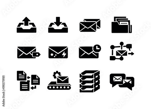 Mail Management. Solid icon set of Mail Management: outgoing tray, incoming tray, sorted mail stack, organized documents, labeled envelope, priority mail,