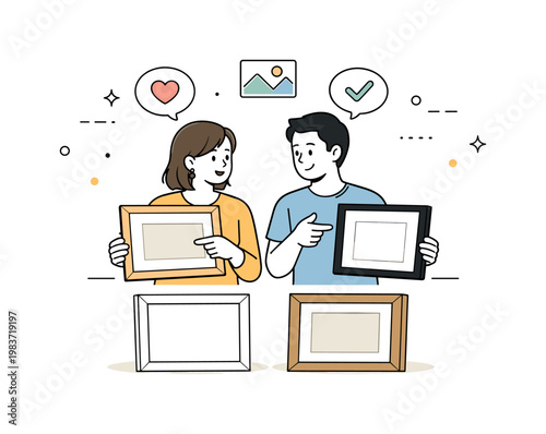 Selecting picture frames. A couple reviews different frame styles side by side, discussing which ones match their family photos best. Clean rectangular frames,