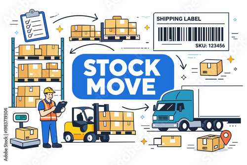 Warehouse Logistics Operations. Warehouse, storage, shipping, freight, distribution and logistics management. minimalist editorial vector scenes: a forklift