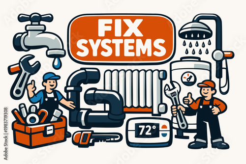 Plumbing Heating Stories flat vector digital illustration, doodle flat, thick outline, expressive characters, simple shapes, playful proportions, exaggerated