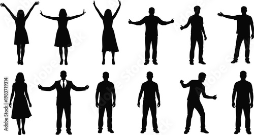 Human silhouettes, standing posture figures, gesture icons, expressive stance art, casual body language design, lifestyle illustration concept