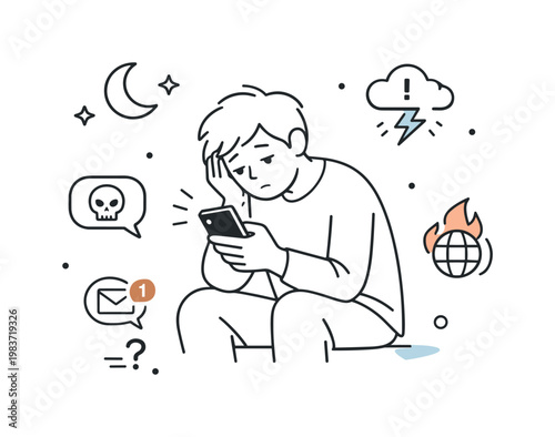 Doomscrolling addiction. Person endlessly scrolling on a smartphone late at night, screen glow contrasting with tired posture. Scene reflects overload, habit