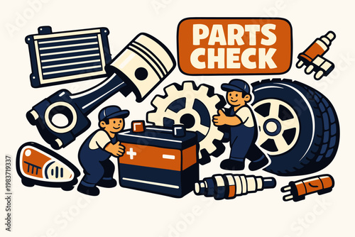 Car Parts Stories flat vector digital illustration, doodle flat, thick outline, expressive characters, simple shapes, playful proportions, exaggerated scale,