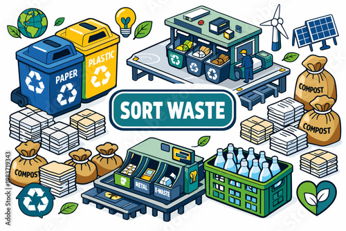 Waste Recycling System Collection of isometric vector icons showing recycle bin, compost bucket, bottle crate, paper bundle, cardboard stack, plastic