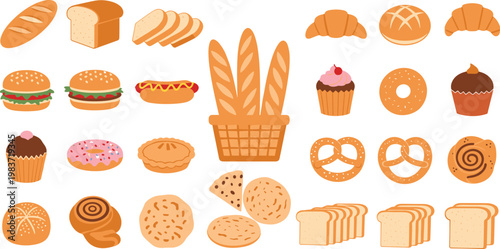 Bakery products collection featuring various breads pastries muffins donuts and sweet cookies