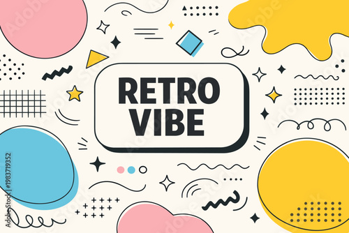 Retro Memphis Shapes. Clean editorial banner about retro abstract memphis design, no characters, oversized circles liquid splashes and geometric strokes spread