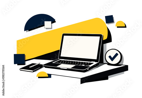 Black and white side-view of an open laptop on a tidy desk corner, bold yellow abstract cylinder cutting diagonally across the background, floating geometric