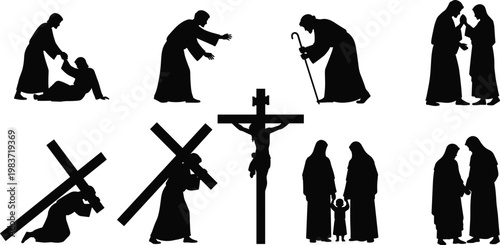 Stations of the Cross silhouettes, Passion of Christ figures, Christian tradition art, religious faith design, sacrifice compassion illustration concept