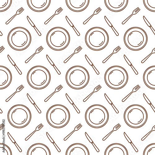 Seamless pattern with plates, forks and knives on white background. Minimal brown outline vector print. 
