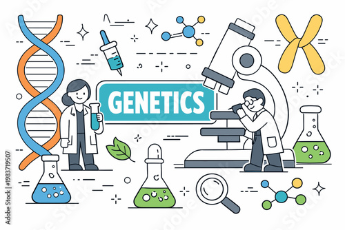 Genetics Research Outline Icons. Genetics and biotechnology editorial banner with geometric characters beside an oversized DNA helix and large microscope
