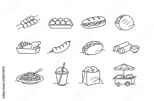 Night Market Street Food. Minimalistic set one-line drawing skewered meat sticks, takoyaki balls tray, banh mi sandwich, arepa pocket, fish and chips box,
