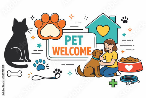 Pet Friendly Places. Pet friendly services, adoption, home welcome, veterinary care and animal acceptance. minimalist editorial vector scenes: a hotel door