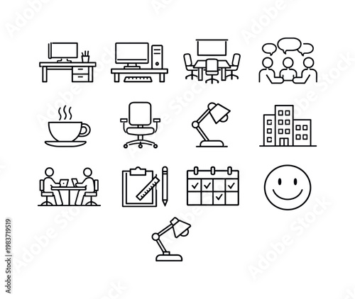 Office & Work Environment. Line icon set of Office & Work Environment: office desk, computer workstation, meeting room, teamwork discussion, coffee break,