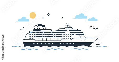 Cruise travel experience. A modern cruise ship calmly sailing on open water, expressing relaxation and smooth journey. The scene feels spacious and peaceful,