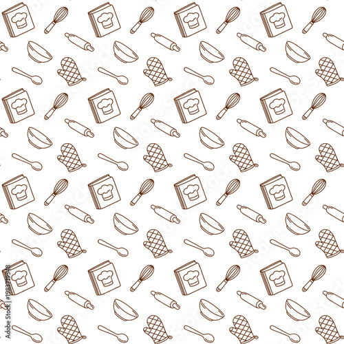 Seamless pattern with cookbooks, whisks, rolling pins, bowls, spoons and oven mitts on white background. Outline vector print. 