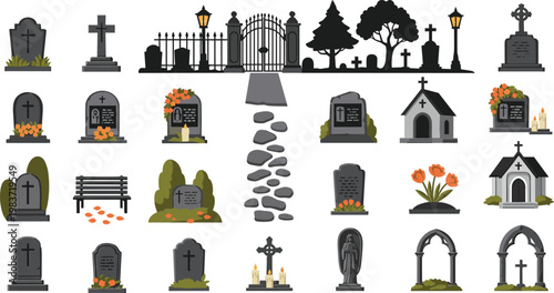 Halloween graveyard tombstone scary elements spooky decorations cemetery gate and trees