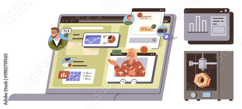 Online learning, 3D design, remote collaboration, technology tools, virtual meetings, product development. A computer displays online chats alongside a 3D printer. Online learning and 3D design