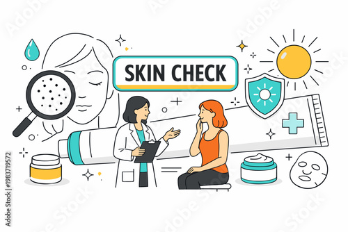 Dermatology Skin Care. Skin health consultation scene with dermatologist and patient beside oversized face outline and skincare tube stretching across the full