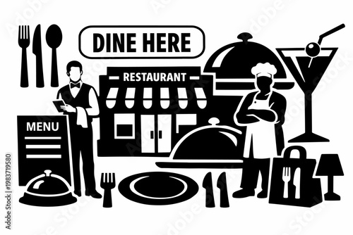 Restaurant Cafe Bistro Dining. Clean solid/filled composition with waiter and chef beside oversized restaurant facade and giant serving tray, large menu board