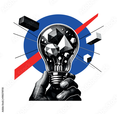 Black and white close-up of a lightbulb transforming into geometric shapes inside, hand partially visible at the base with subtle white contour outline, bold