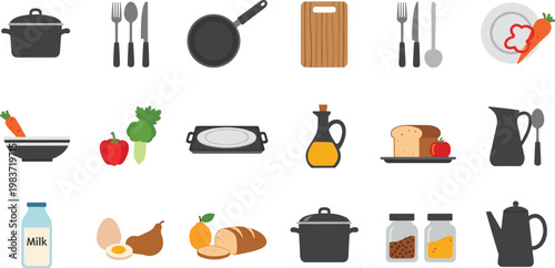 Kitchen utensils and cooking ingredients flat icon collection for culinary design projects