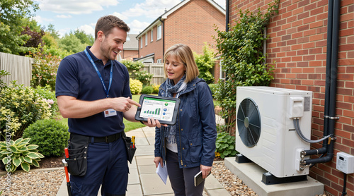Technician explaining energy efficiency data on a tablet to a homeowner. Man showing a woman how an air source heat pump works. Renewable home heating and cooling technology service